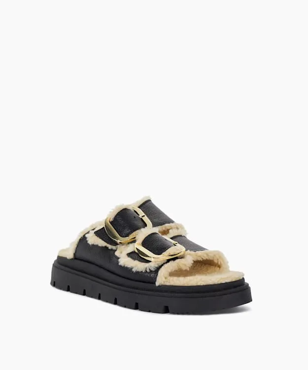 Women Dune London Flat Sandals Cosy Lined Two Bar Mules Black
