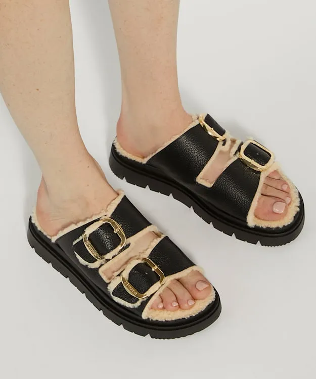 Women Dune London Flat Sandals Cosy Lined Two Bar Mules Black