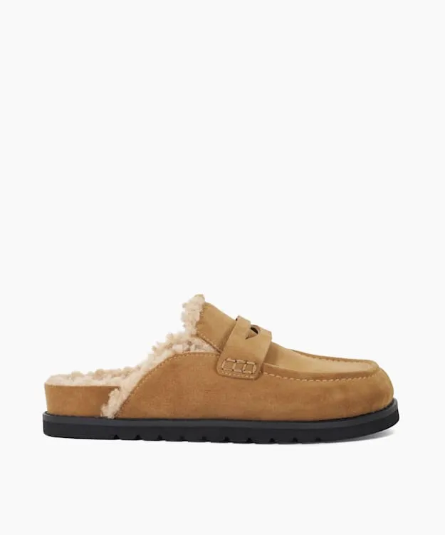 Women Dune London Flat Shoes Faux Shearling Lined Backless Mule Suede Loafers Neutral