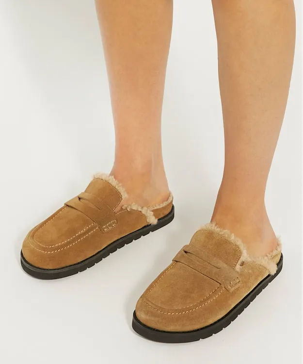 Women Dune London Flat Shoes Faux Shearling Lined Backless Mule Suede Loafers Neutral