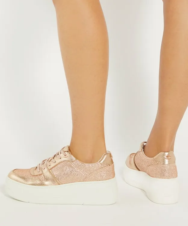 Women Dune London Flat Shoes Lace Up Chunky Flatform Trainers Metallic