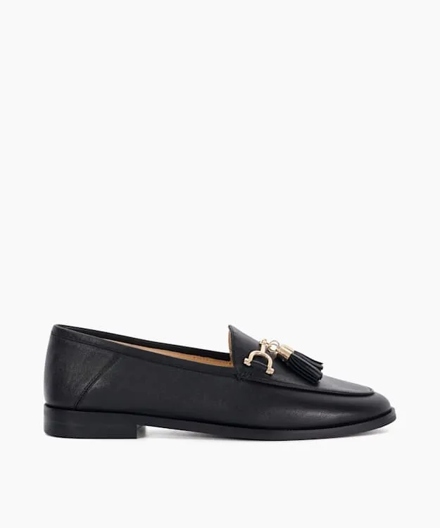 Women Dune London Flat Shoes Leather Tassel Trimmed Loafers Black