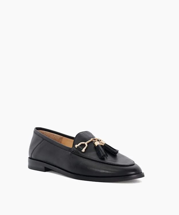 Women Dune London Flat Shoes Leather Tassel Trimmed Loafers Black