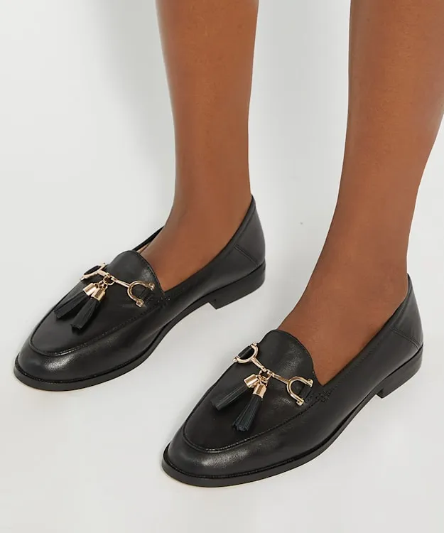 Women Dune London Flat Shoes Leather Tassel Trimmed Loafers Black