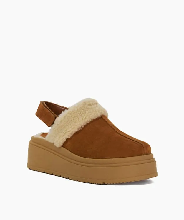 Women Dune London Flat Shoes Suede Faux Fur Mules Brown
