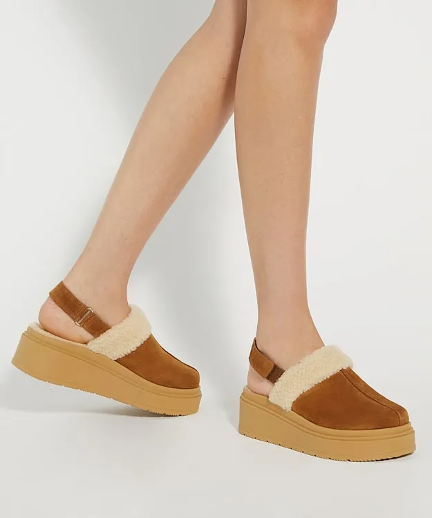 Women Dune London Flat Shoes Suede Faux Fur Mules Brown