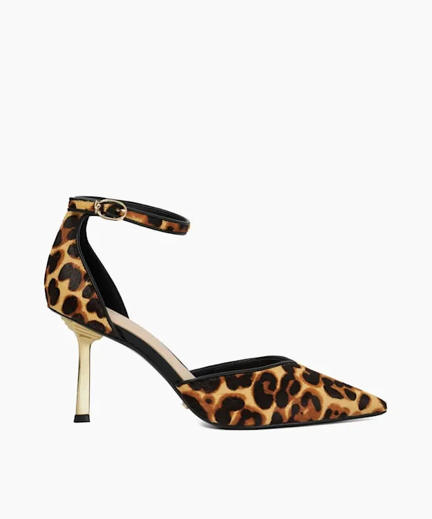 Women Dune London Heels Ankle Strap Emerald Heel Court Shoes Animal Leather