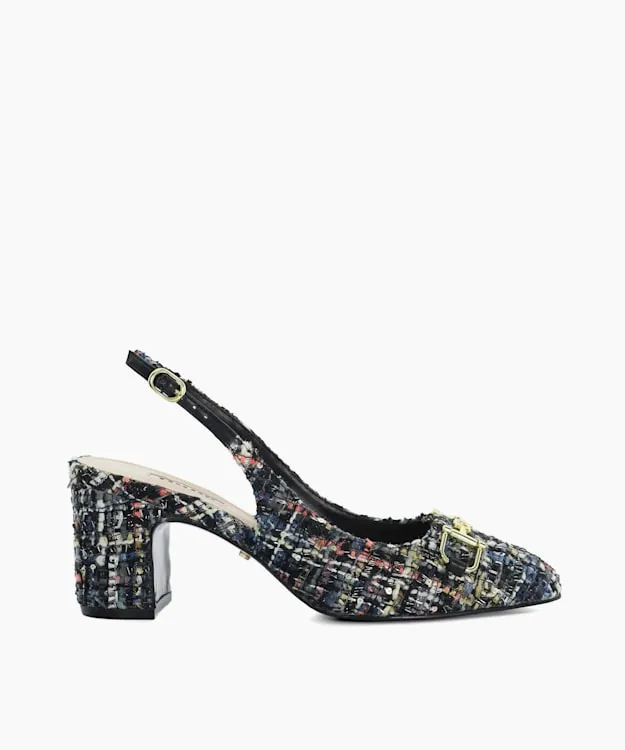Women Dune London Heels Brand Snaffle BlockHeeled Slingback Courts Multi