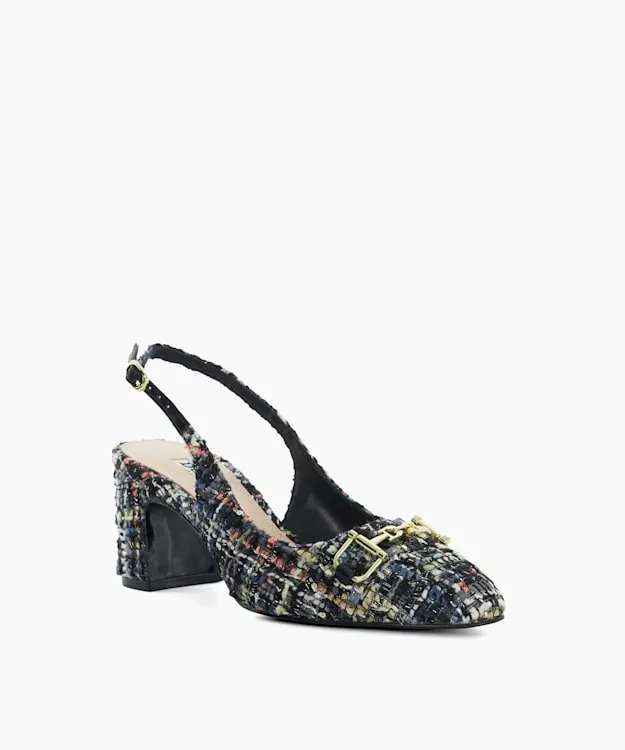 Women Dune London Heels Brand Snaffle BlockHeeled Slingback Courts Multi