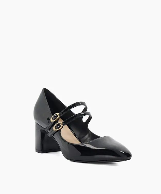 Women Dune London Heels Double Strap Block Heel Shoes Black