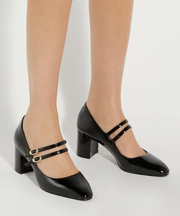 Women Dune London Heels Double Strap Block Heel Shoes Black
