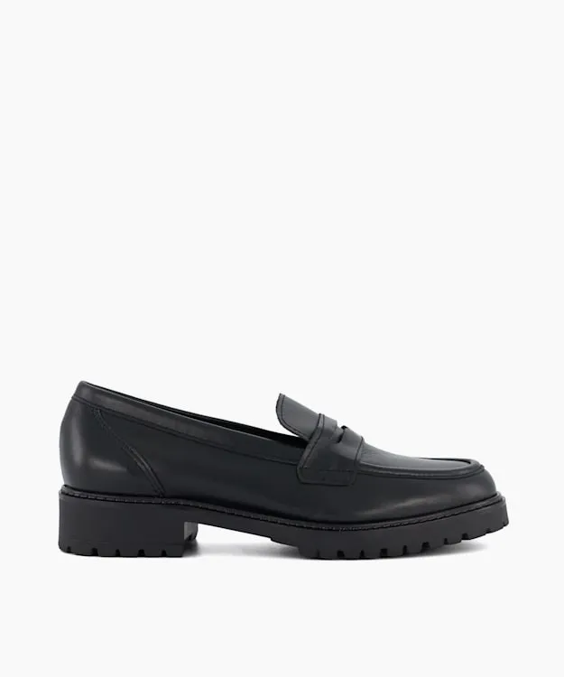 Women Dune London Loafers Wide Fit Leather Cleated Penny Loafers Black
