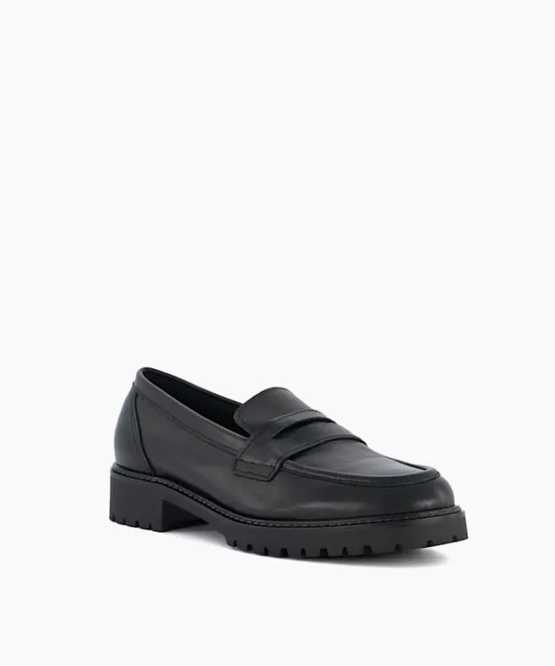 Women Dune London Loafers Wide Fit Leather Cleated Penny Loafers Black