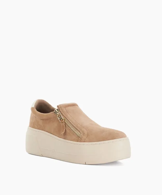Women Dune London Trainers Suede Side Zip Chunky Flatform Trainers Brown