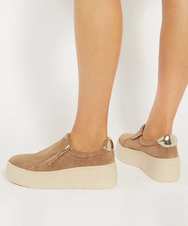 Women Dune London Trainers Suede Side Zip Chunky Flatform Trainers Brown