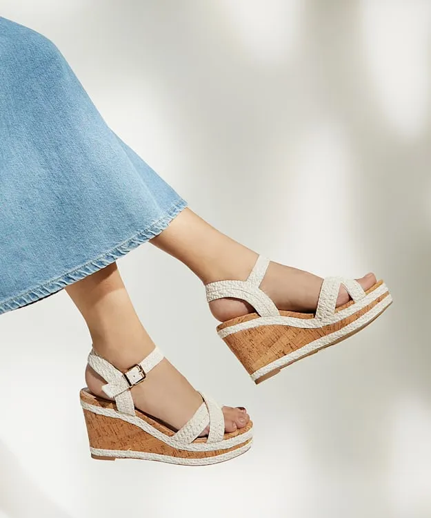 Women Dune London Wedge Sandals BraidedCrossStrap CorkWedge Sandals White