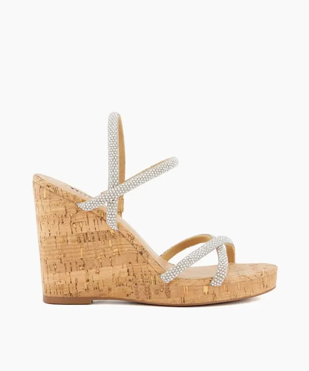 Women Dune London Wedge Sandals Diamante CorkWedge Slingback Sandals Metallic