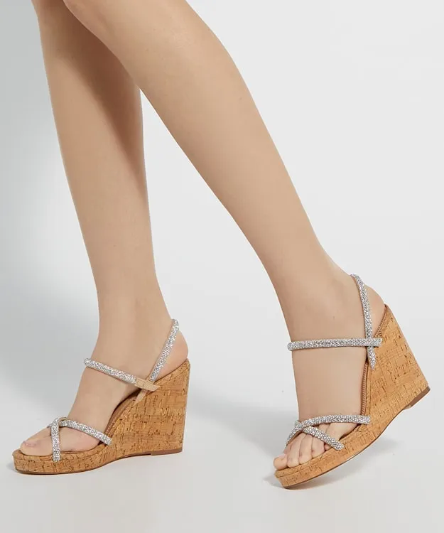 Women Dune London Wedge Sandals Diamante CorkWedge Slingback Sandals Metallic