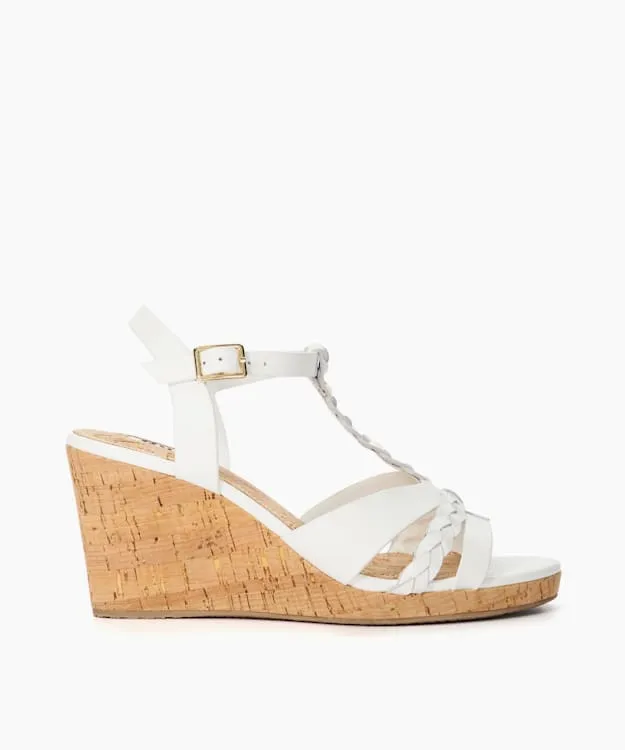 Women Dune London Wedge Sandals Wide Fit Plaited Leather Cork Wedge Sandals White