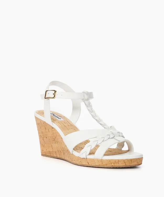 Women Dune London Wedge Sandals Wide Fit Plaited Leather Cork Wedge Sandals White