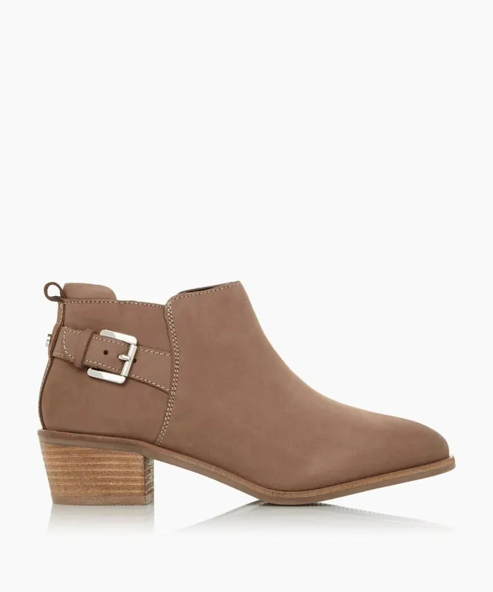 Women Dune London Western Cowboy Boots Buckle Trim Stacked Heel Ankle Boots Neutral