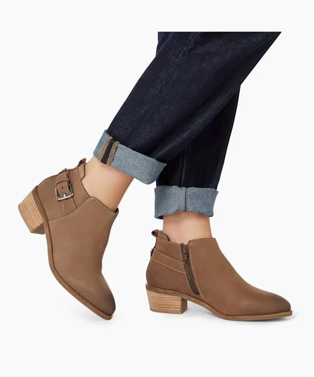 Women Dune London Western Cowboy Boots Buckle Trim Stacked Heel Ankle Boots Neutral