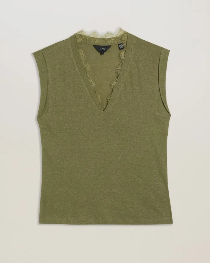 Women EFFIY 8211 VNeck Vest With Lace Neckline Khaki Ted Baker Tops and Blouses