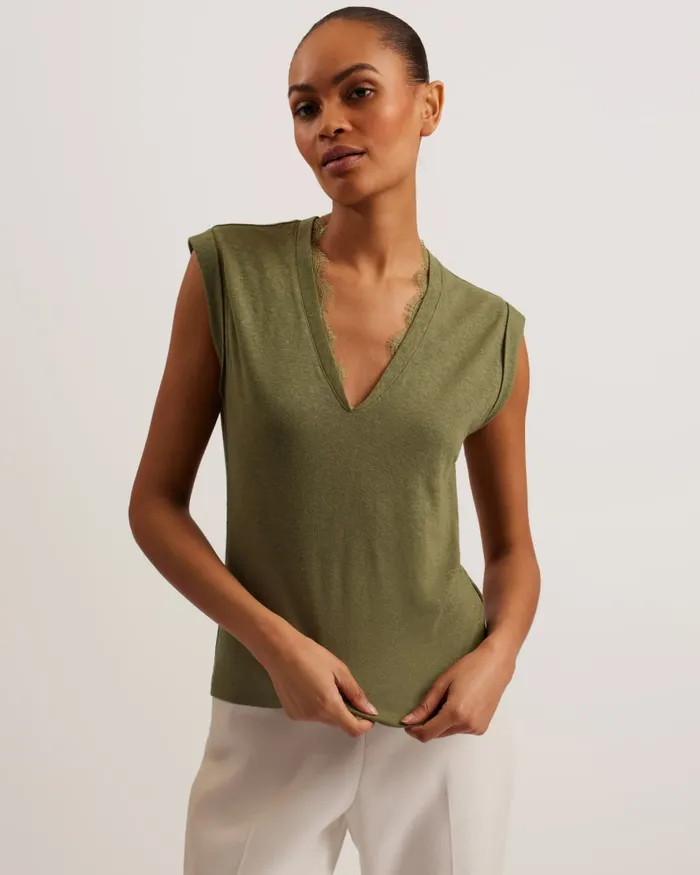 Women EFFIY 8211 VNeck Vest With Lace Neckline Khaki Ted Baker Tops and Blouses Women EFFIY 8211 VNeck Vest With Lace Neckline Khaki Ted Baker Tops and Blouses