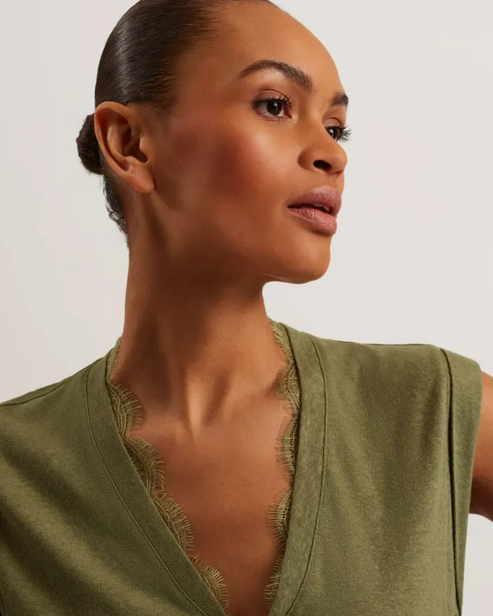Women EFFIY 8211 VNeck Vest With Lace Neckline Khaki Ted Baker Tops and Blouses Women EFFIY 8211 VNeck Vest With Lace Neckline Khaki Ted Baker Tops and Blouses