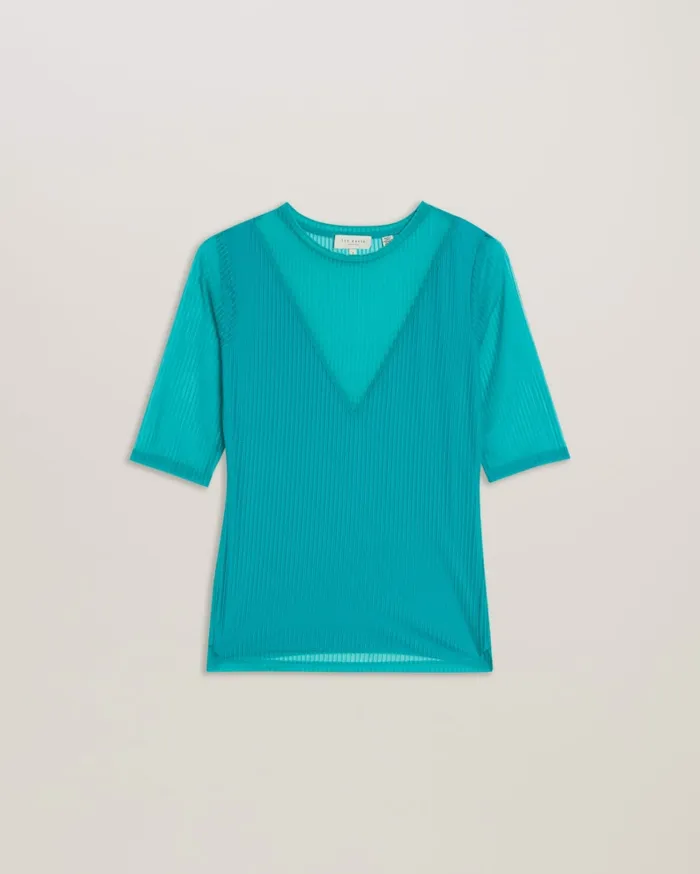 Women EMIKOO 8211 Fitted Mesh Top With VNeck Lining Green Ted Baker Tops and Blouses