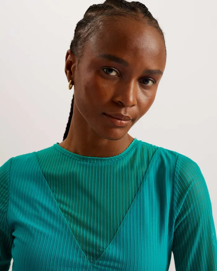 Women EMIKOO 8211 Fitted Mesh Top With VNeck Lining Green Ted Baker Tops and Blouses