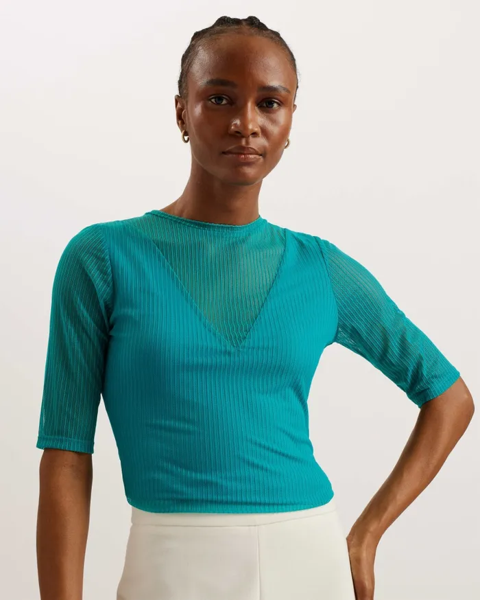 Women EMIKOO 8211 Fitted Mesh Top With VNeck Lining Green Ted Baker Tops and Blouses
