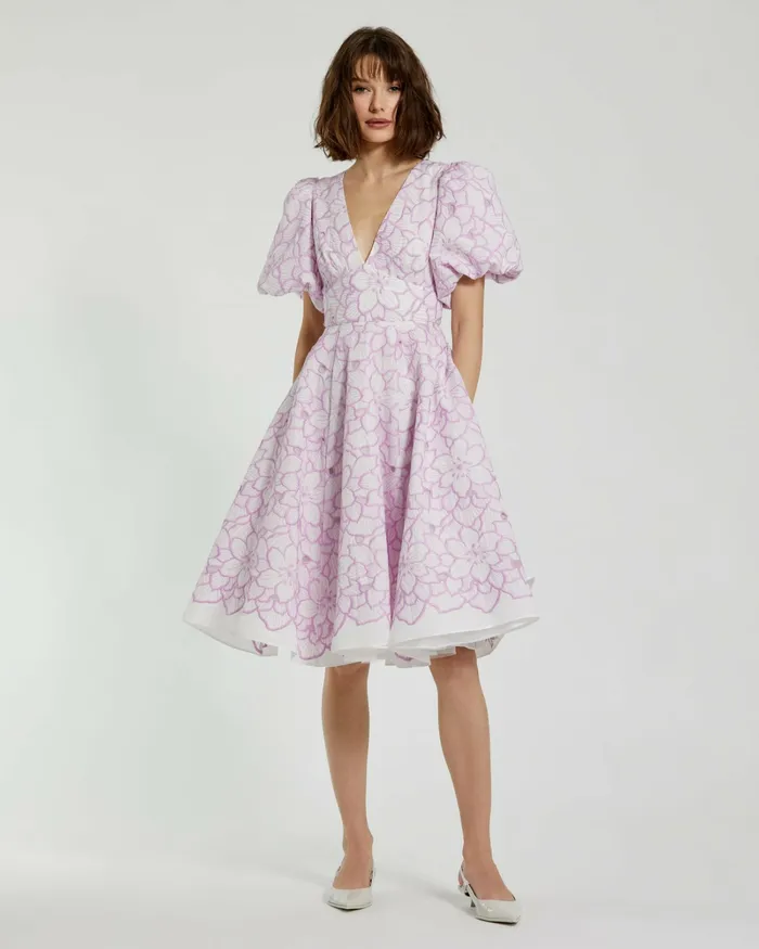 Women Every Day Dresses Mac Duggal Embroidered Floral Puff Sleeve Dress Orchid White