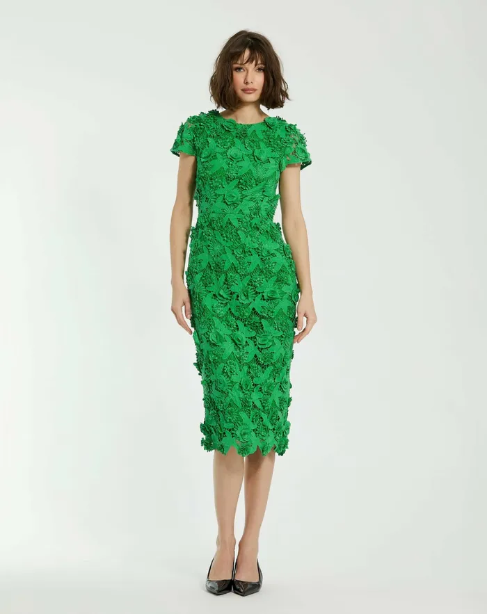 Women Floral Lace Fitted Short Sleeve Midi Dress Spring Green Every Day Dresses Mac Duggal