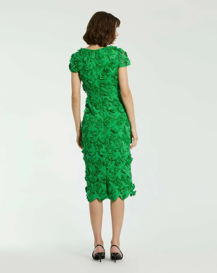 Women Floral Lace Fitted Short Sleeve Midi Dress Spring Green Every Day Dresses Mac Duggal