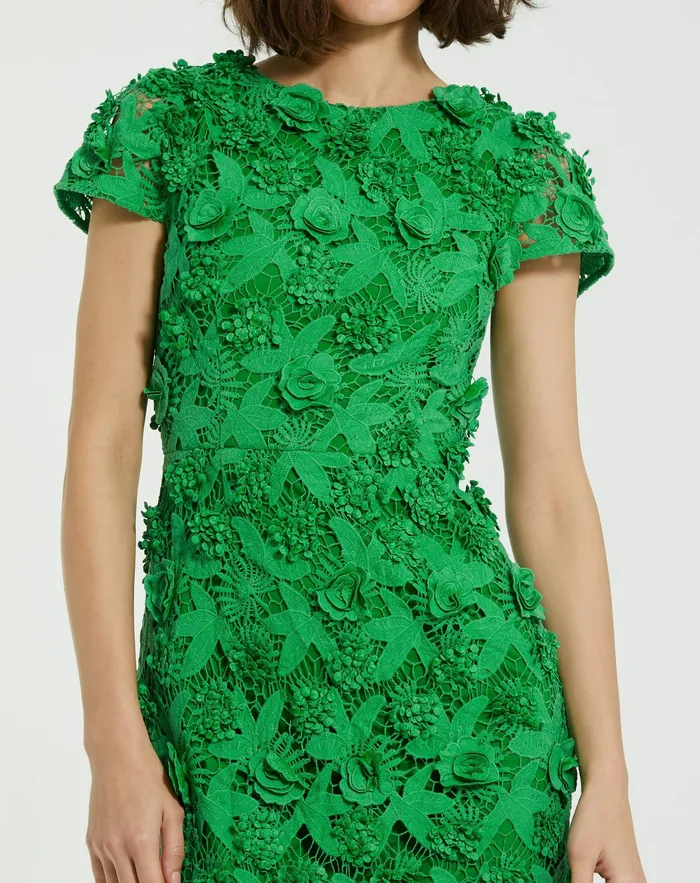 Women Floral Lace Fitted Short Sleeve Midi Dress Spring Green Every Day Dresses Mac Duggal