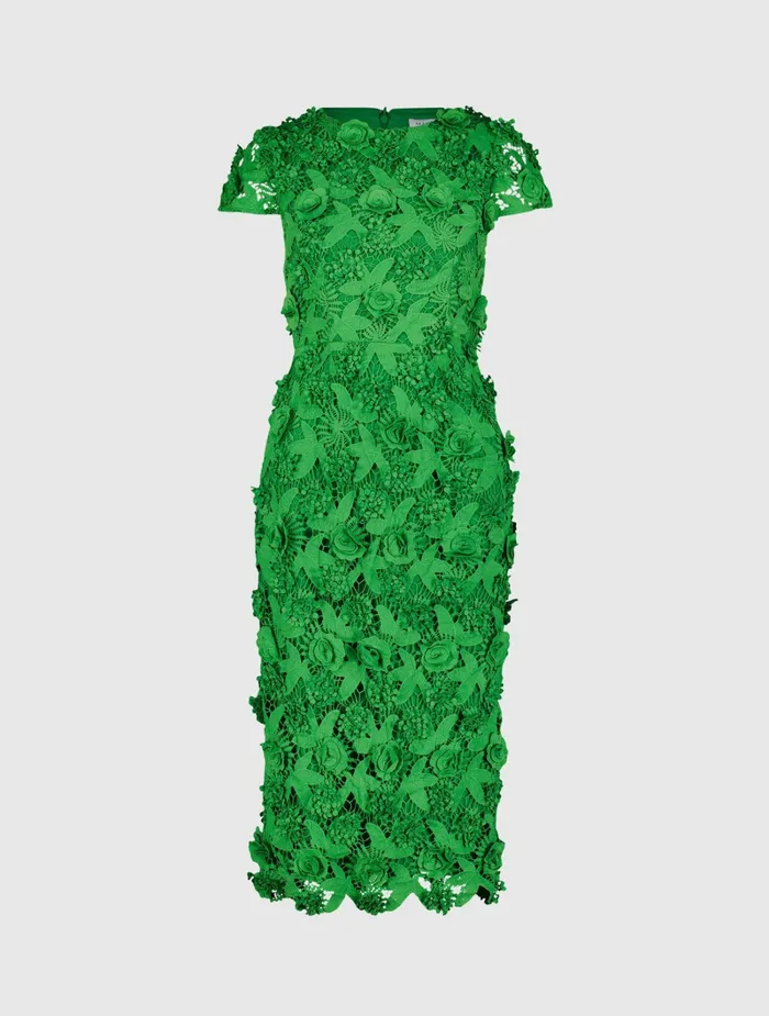 Women Floral Lace Fitted Short Sleeve Midi Dress Spring Green Every Day Dresses Mac Duggal