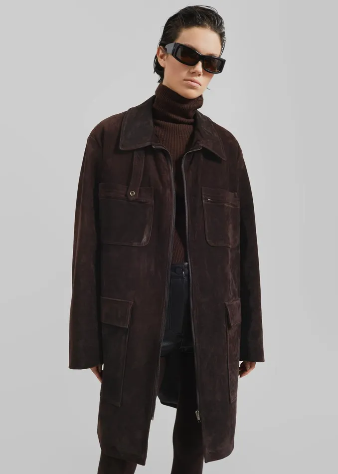 Women Haillot Suede Long Jacket 8211 Brown The Frankie Shop Outerwear