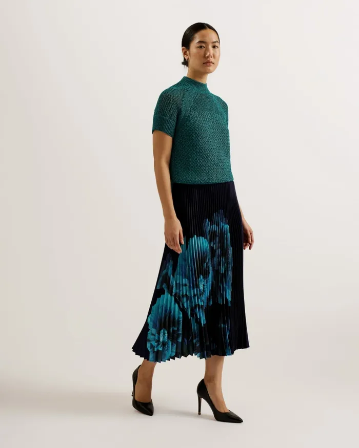 Women IZMIR 8211 Floral Print Satin Pleated Midi Skirt Navy Ted Baker Skirts