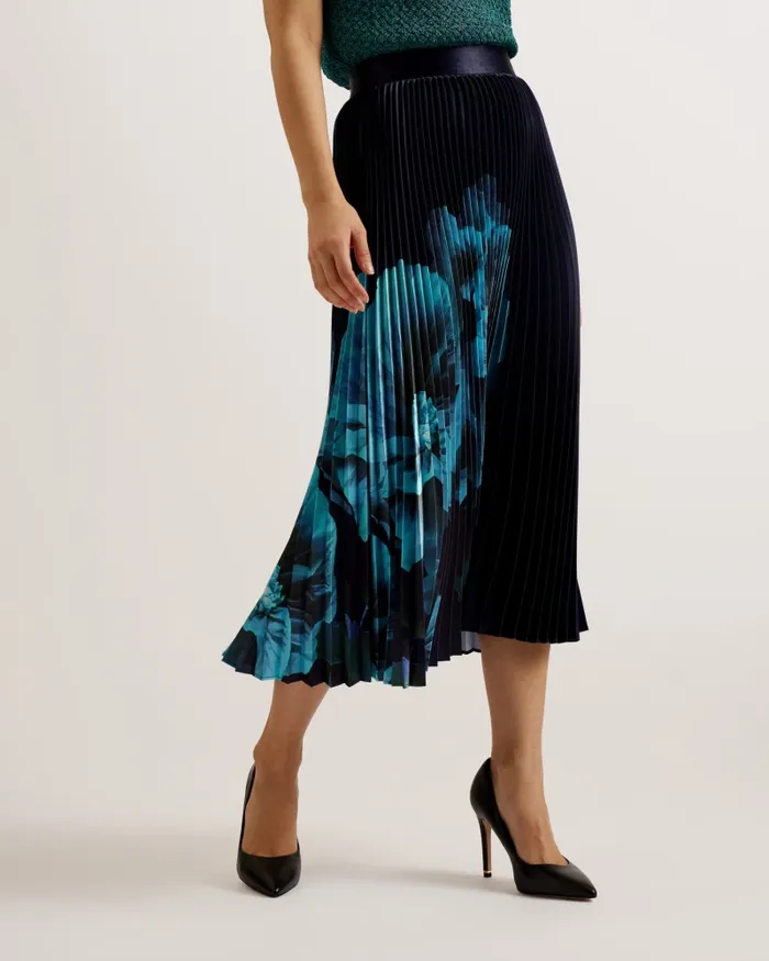 Women IZMIR 8211 Floral Print Satin Pleated Midi Skirt Navy Ted Baker Skirts