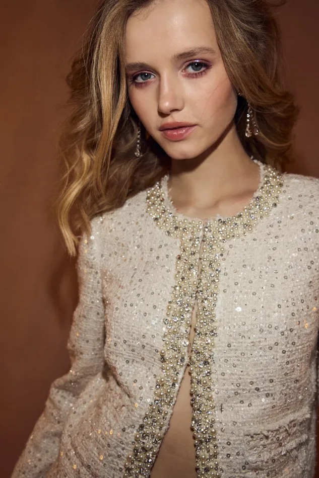 Women Jackets and Coats LoveShackFancy Vintra Embellished Tweed Jacket Cream Women Jackets and Coats LoveShackFancy Vintra Embellished Tweed Jacket Cream