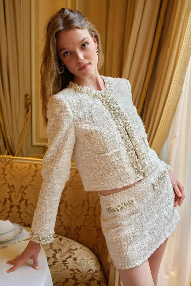 Women Jackets and Coats LoveShackFancy Vintra Embellished Tweed Jacket Cream Women Jackets and Coats LoveShackFancy Vintra Embellished Tweed Jacket Cream