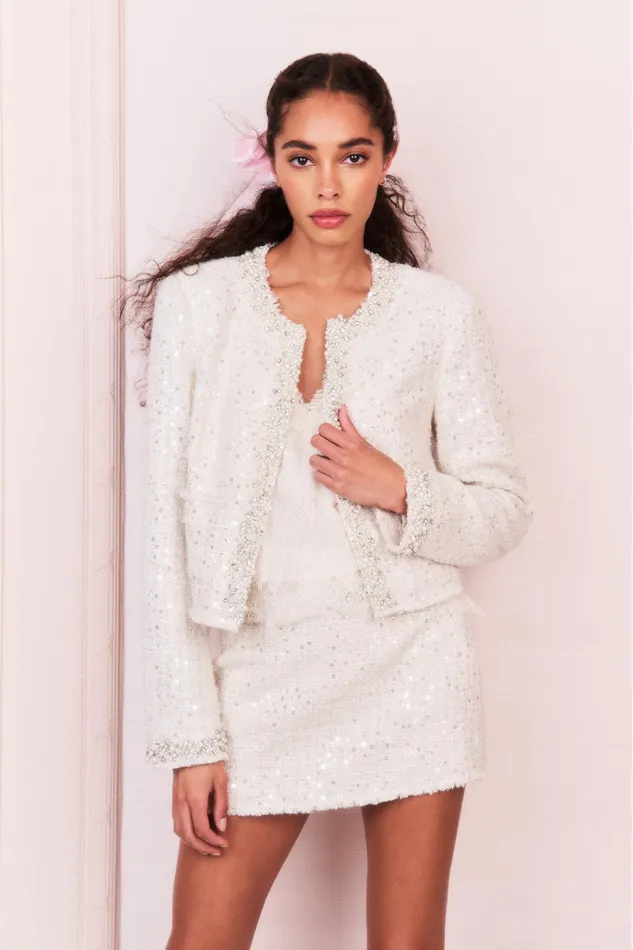 Women Jackets and Coats LoveShackFancy Vintra Embellished Tweed Jacket Cream Women Jackets and Coats LoveShackFancy Vintra Embellished Tweed Jacket Cream