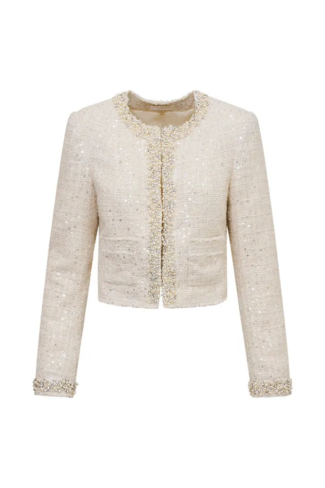 Women Jackets and Coats LoveShackFancy Vintra Embellished Tweed Jacket Cream Women Jackets and Coats LoveShackFancy Vintra Embellished Tweed Jacket Cream