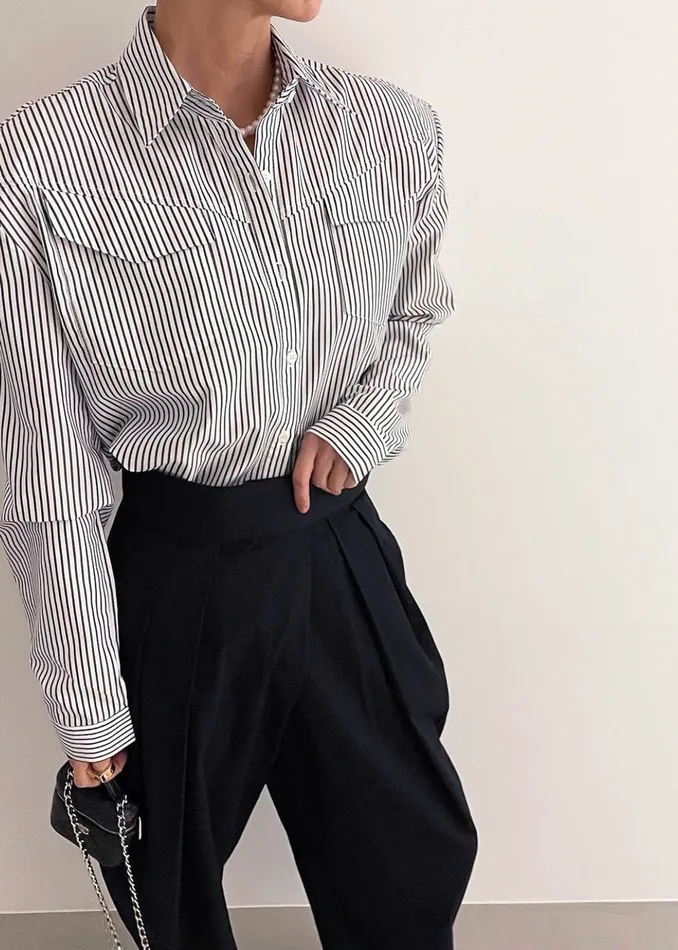 Women Jeanne Padded Shirt 8211 Black Stripe The Frankie Shop Tops
