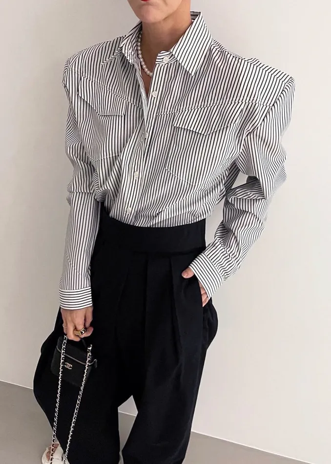 Women Jeanne Padded Shirt 8211 Black Stripe The Frankie Shop Tops