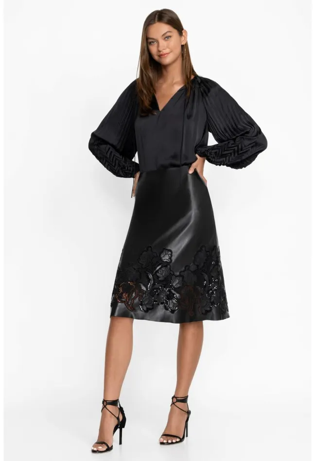 Women Johnny Was Bottoms Enid Vegan Leather Midi Skirt Black