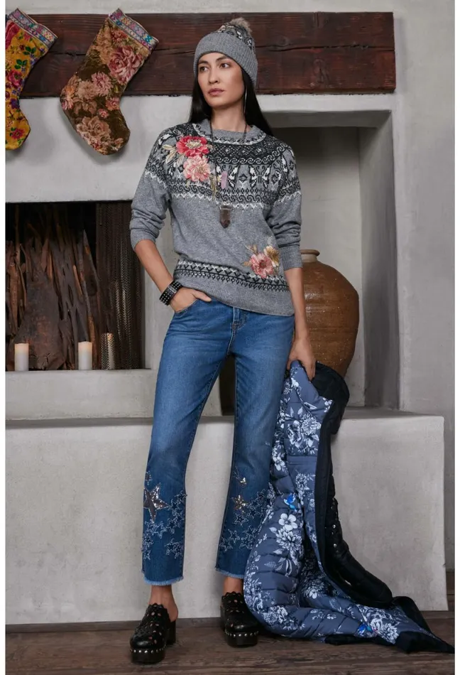 Women Johnny Was Bottoms Stars Dance Cropped Baby Boot Jean Vintage Aged Wash
