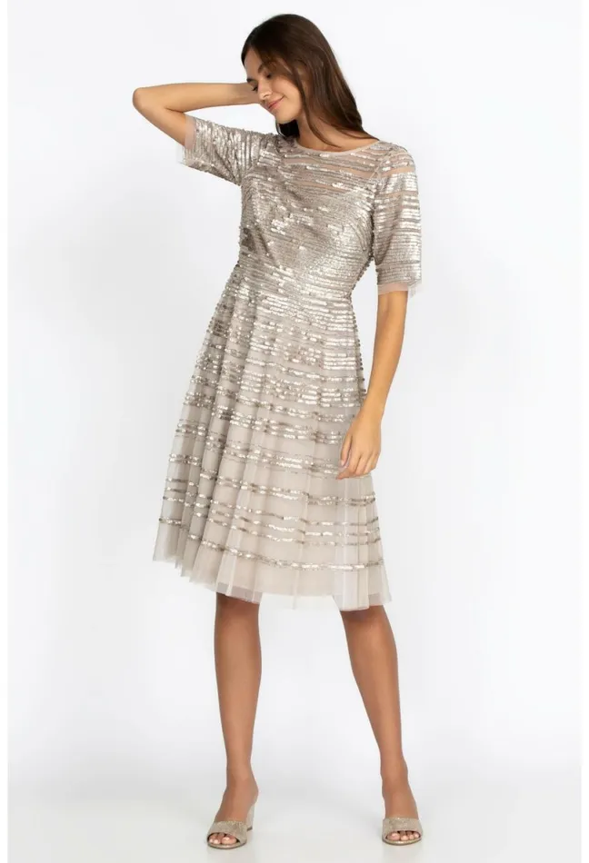 Women Johnny Was Dresses Champagne Beaded Mesh Dress Champagne