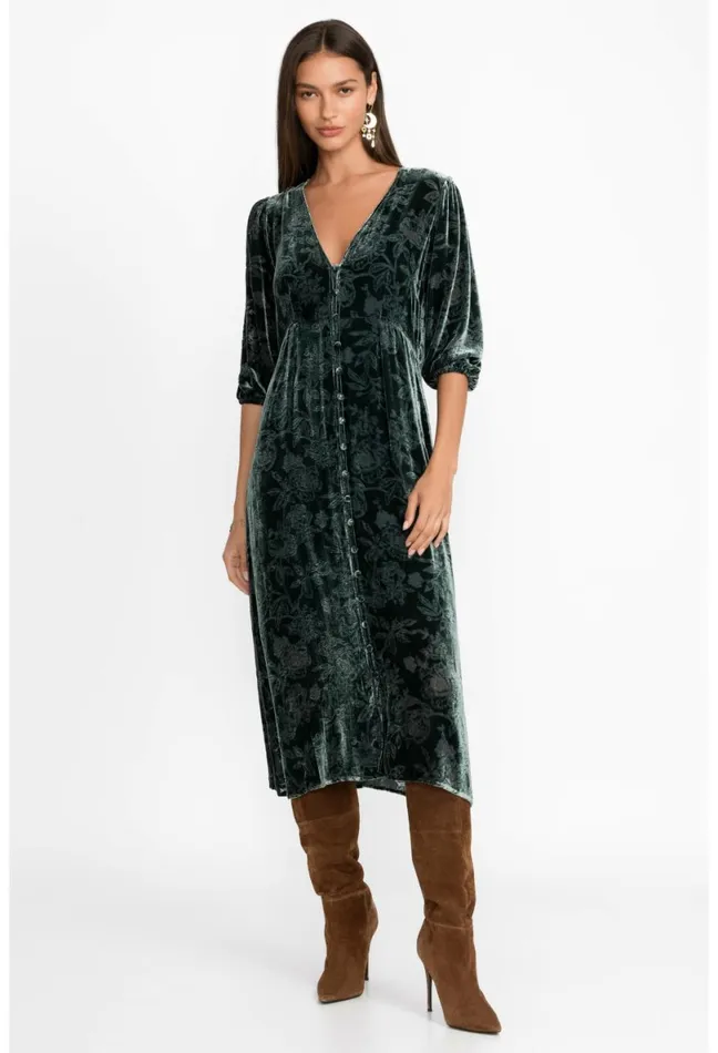 Women Johnny Was Dresses Natalia Silk Midi Dress Emerald Green